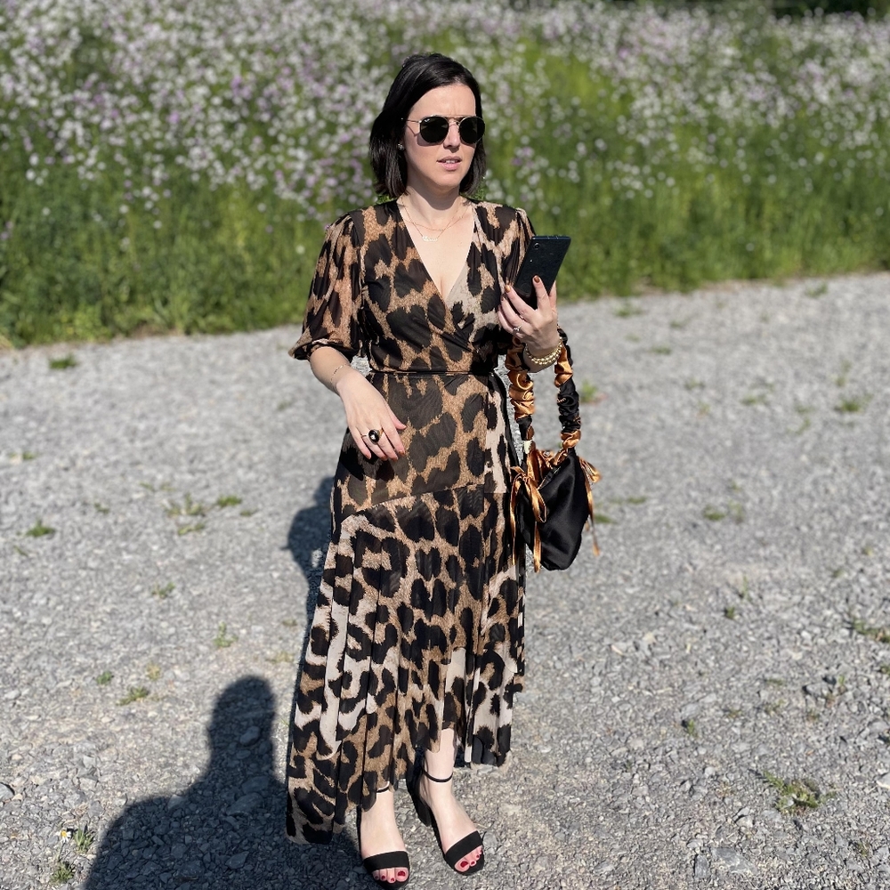 Ganni Leopard Print Mesh Wrap Dress Size 36